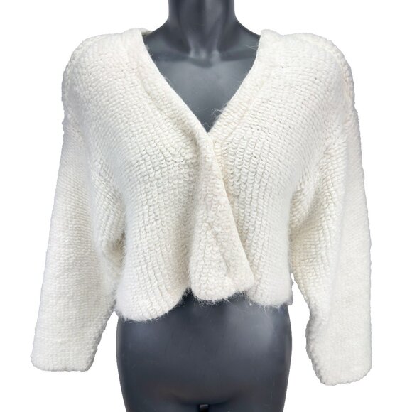 VTG Alpaca / Mohair Cropped Chunky Drop-Shoulder Pads Knit Ivory Cardigan M/L - Picture 1 of 7